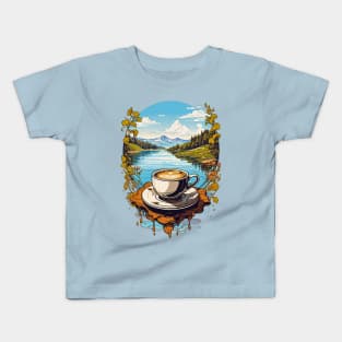 Coffee Cup with a Mountain Lake view design Kids T-Shirt